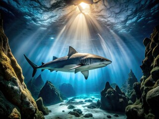 Obraz premium Deep ocean predator: a lone tiger shark patrols its underwater canyon.