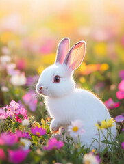 Fototapeta premium 春の花の中で遊ぶうさぎ Generated image