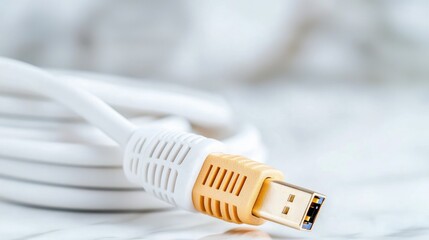 White USB-C cable on marble; data transfer; blurred background; tech product shot