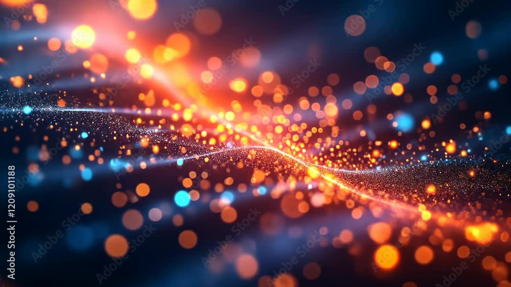 Poster abstract glowing particle wave with dynamic motion and vibrant colors in a dazzling light display