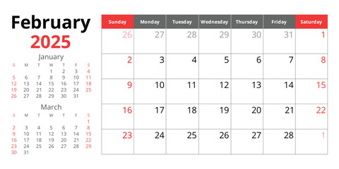 2025 february calendar. A vector English monthly. Winter month. Design Sunday start