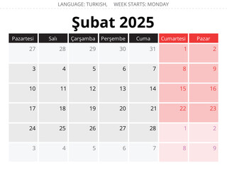 Turkish calendar for february 2025 - takvim. Vector illustration for winter month Turkey