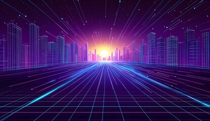 An infinite futuristic cityscape made of glowing purple and blue wire frame structures, forming digital skyscrapers, atmosphere technology