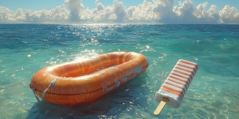 Summer Beach Scene with Cheerful Orange Float and Striped Popsicle in Cartoon Style with Bright Colors