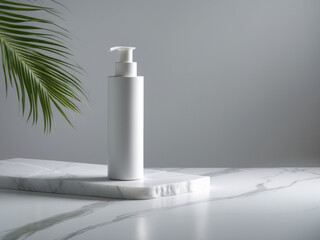 A minimalist white pump bottle placed on a marble platform, complemented by a green palm leaf and soft gray background, creating a clean and modern aesthetic.