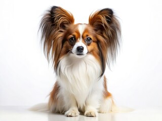 Elegant Papillon, pristine white backdrop, butterfly ears, captivating canine portrait.