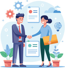 People shaking hands at work - Two businesspeople, man and woman doing handshake in office at work while smiling over business agreement and deal. Flat design stock illustration on white background