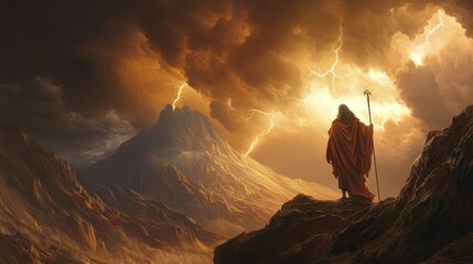 Moses receives divine commandments from god amidst a thunderous storm on mount sinai