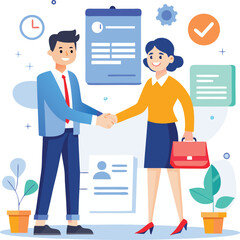 People shaking hands at work - Two businesspeople, man and woman doing handshake in office at work while smiling over business agreement and deal. Flat design stock illustration on white background