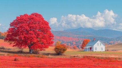 Autumnal Vermont farmhouse, red maple tree, mountain backdrop. Ideal for real estate, tourism