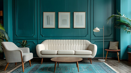 Lounge chairs and sofa against teal classic paneling wall with art posters. Mid-century style home interior design of modern living room