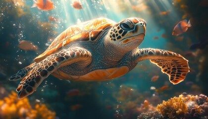 Fototapeta premium Sea Turtle Gliding Through Vibrant Coral Reef Underwater Scene with Colorful Fish and Marine Life