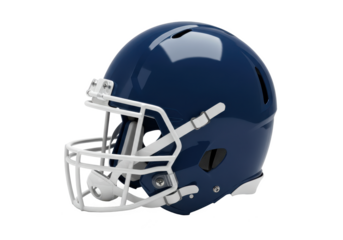 Shiny blue football helmet with white accents and a clear faceguard, isolated on a white background