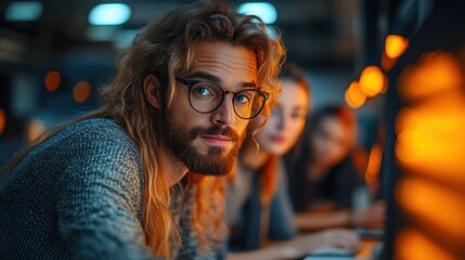 Mentor Guiding Students in Computer Science Project Lesson Discussing Code and Technology in a Diverse Classroom Setting