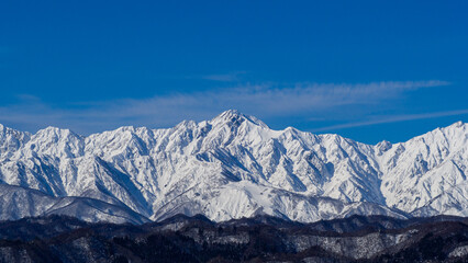 快晴の空と冠雪の北アルプス　長野県