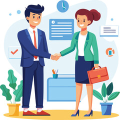 People shaking hands at work - Two businesspeople, man and woman doing handshake in office at work while smiling over business agreement and deal. Flat design stock illustration on white background