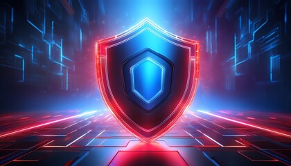 Fototapeta premium A futuristic shield symbol in vibrant blue and red lights, representing cybersecurity and digital protection amidst a glowing technological background.