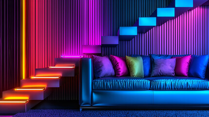 Obraz premium A modern living room featuring a vibrant sofa with colorful pillows, illuminated by neon lights and accompanied by a staircase with glowing steps.