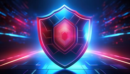 Fototapeta premium A glowing, futuristic shield emblem surrounded by neon lights, symbolizing security and protection in a digital landscape.