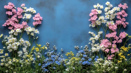 Obraz premium Delicate Spring Flowers Arranged Against A Blue Background