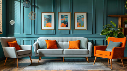 Lounge chairs and sofa against teal classic paneling wall with art posters. Mid-century style home interior design of modern living room