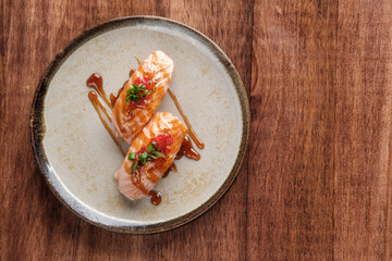 Seared Salmon Sushi with Teriyaki Sauce