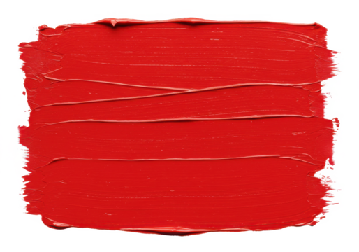 Thick brushstroke of bright red paint in a horizontal pattern, isolated on a white background