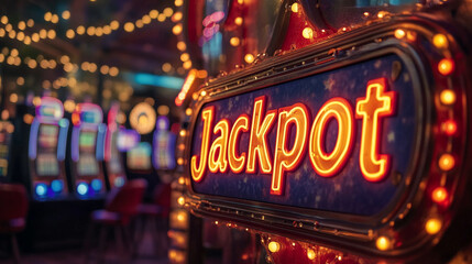 Brightly lit jackpot sign in a lively casino filled with slot machines at night