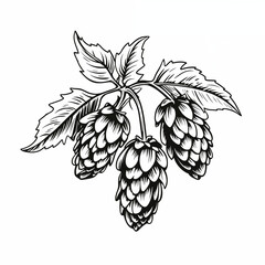 Hop cones, sketch of a hop plant, icon, on a white background, simple black and white sketch, minimalism, desolation, close-up, concept