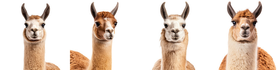 Obraz premium A group of curious and friendly alpacas standing together and looking at the with their fuzzy and fluffy appearance on a white background
