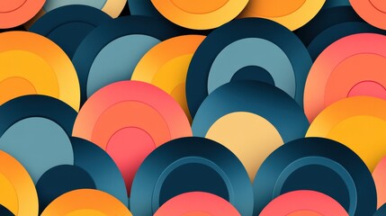 A closeup illustration of a colorful 3D pattern with orange and gold circles on a textured stone-like background
