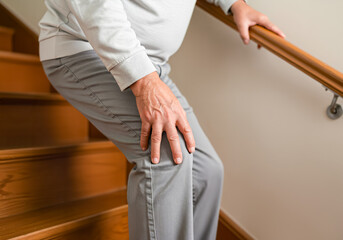 階段を降りるときに膝が痛む高齢者の男性