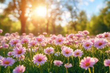 Fototapeta premium Vibrant Meadow Filled with Pink and White Daisies in Bright Sunny Day