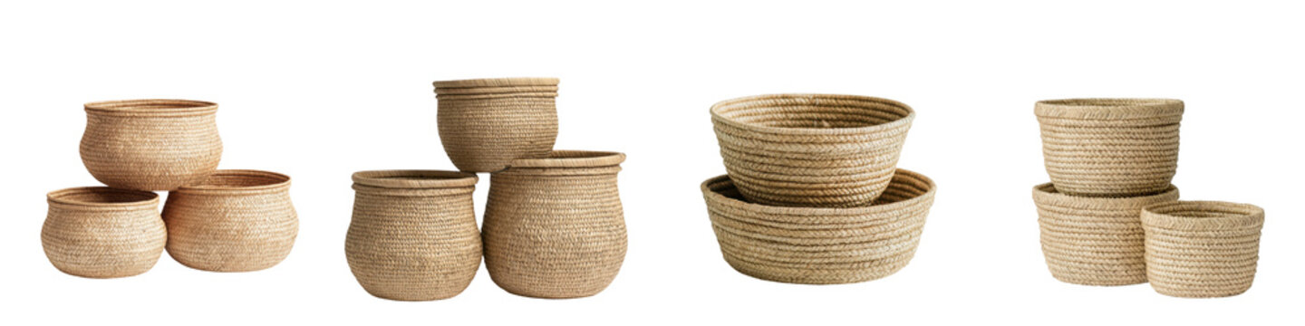Assortment of handmade natural woven baskets and earthy terracotta pottery bowls pots and vessels artfully arranged on a rustic wooden table  Sustainable eco friendly