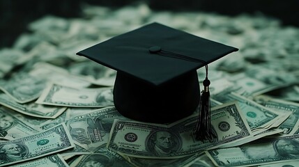 A black graduation cap rests atop a pile of dollar background