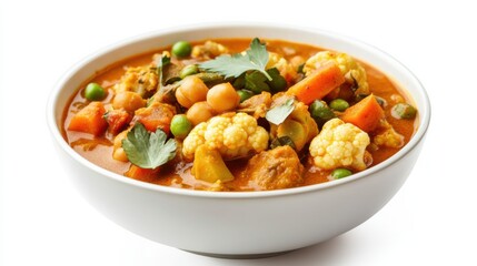 A bowl of hearty vegetable curry with chickpeas, cauliflower, carrots