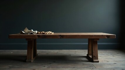 Rustic Wooden Coffee Table with Textured Fabric and Rolled Elements on a Dark Background