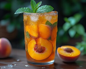 Iced peach tea with mint and ice in a glass.