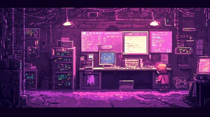 Futuristic Neon Computer Lab Scene