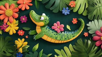 Playful green crocodile amidst vibrant paper flowers and leaves on dark background.