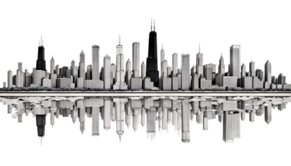 illustration black chicago look feel ink skyline hand detailed white drawn panorama panoramic wide city landscape skyscraper america architecture background banner beautiful