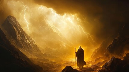 Moses receives divine guidance from god on mount sinai during an intense thunderstorm scene