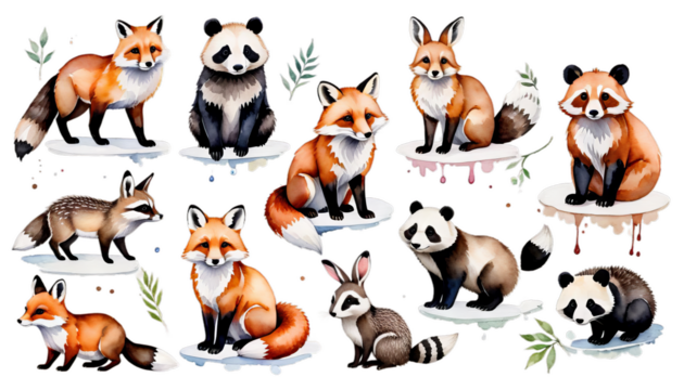 dgehog rabbit panda white raccoon fox set watercolour animal fawn illustration watercolor easter wildlife hedgehog baby background