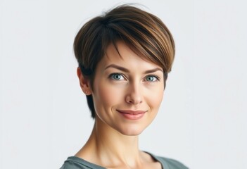 Obraz premium Woman with short hair, direct gaze, subtle smile, confident and approachable