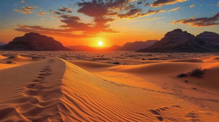 Breathtaking sunset over vast desert landscape with dramatic clouds and distant mountains