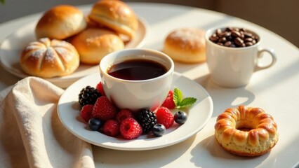 A delightful morning repast featuring a cup of dark coffee, sweet pastries, and a vibrant assortment of fresh berries.
