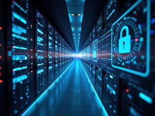 Exploring advanced quantum networks in a futuristic data center with secure technology and vibrant digital interfaces