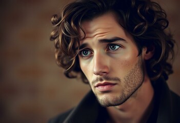 Man with long hair, thoughtful expression