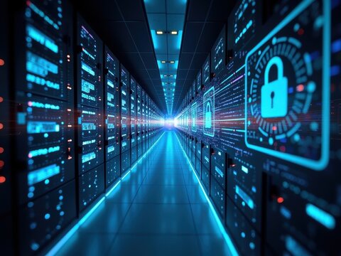 Exploring advanced quantum networks in a futuristic data center with secure technology and vibrant digital interfaces