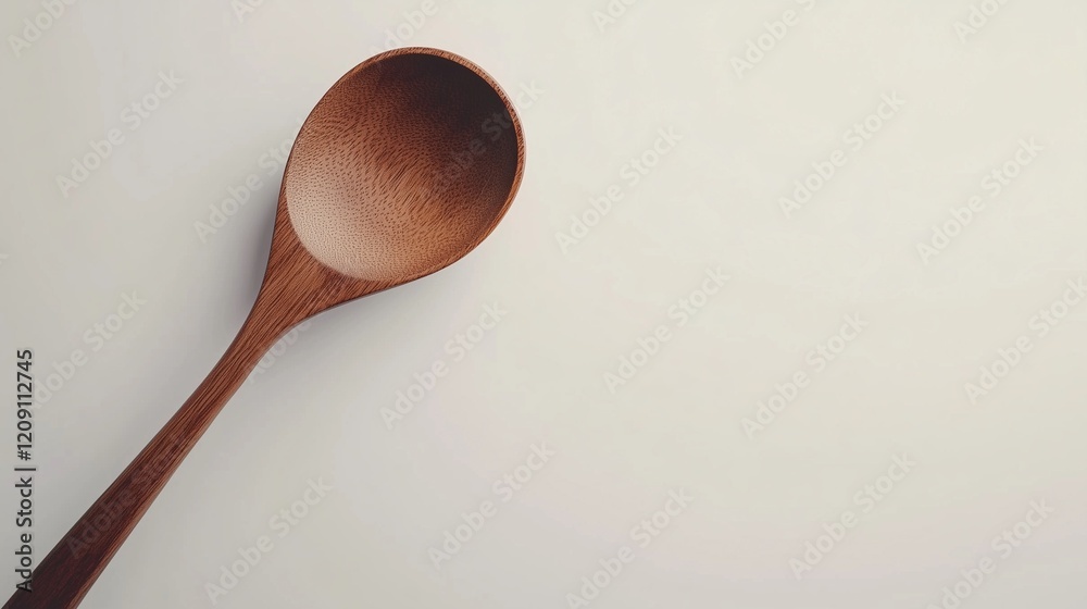 Wall mural A vintage wooden ladle with a smooth finish, lying diagonally on a bright white surface.